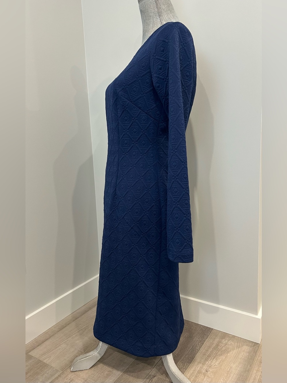 Betsey Johnson Size 8 Textured Geometric Diamond Dress Long Sleeve Navy Blue - Picture 5 of 16
